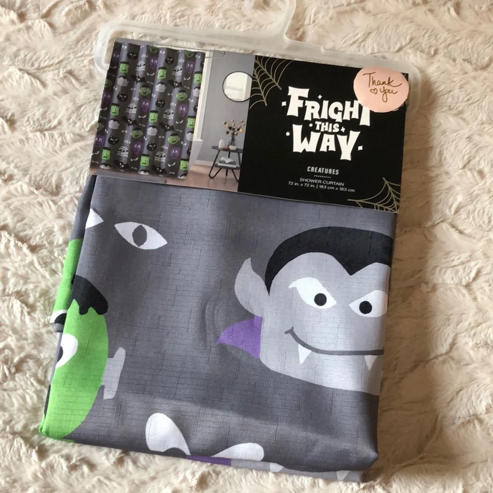 Halloween Creatures Shower Curtain - Gray, Green, Purple
